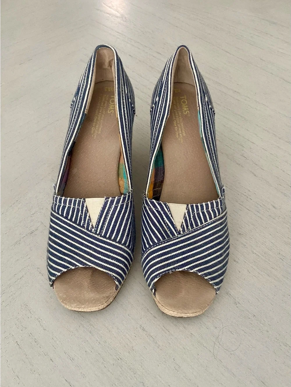 TOMS Navy and White Striped Espadrille Wedge Peep-Toe 8/8.5